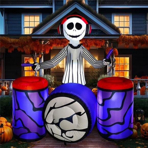 6 FT Halloween Inflatables Decoration, Blow Up Yard Decorations with Drum Skull